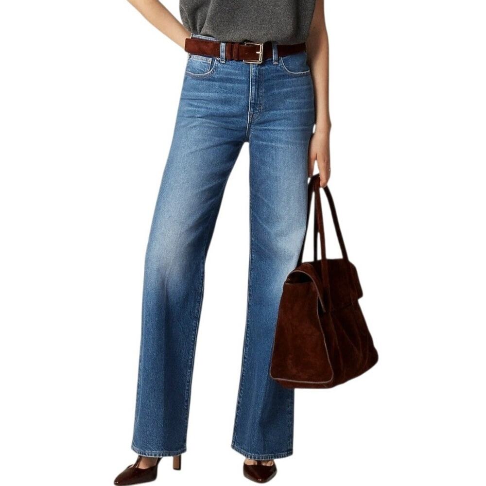 J Crew Tall Denim Wide‎ Leg Trouser Jeans Medium Wash High Rise Semi Stretch 29T